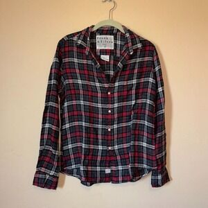 Frank & Eileen Women's Small Barry Red Gray Plaid 100% linen Button Down Blouse
